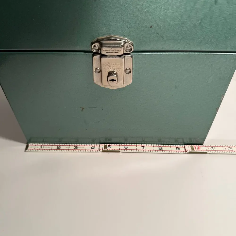 Vintage Metal File Box Hammered Stanley Green 12.5” x 4.5” x 8.5” Latch Handle